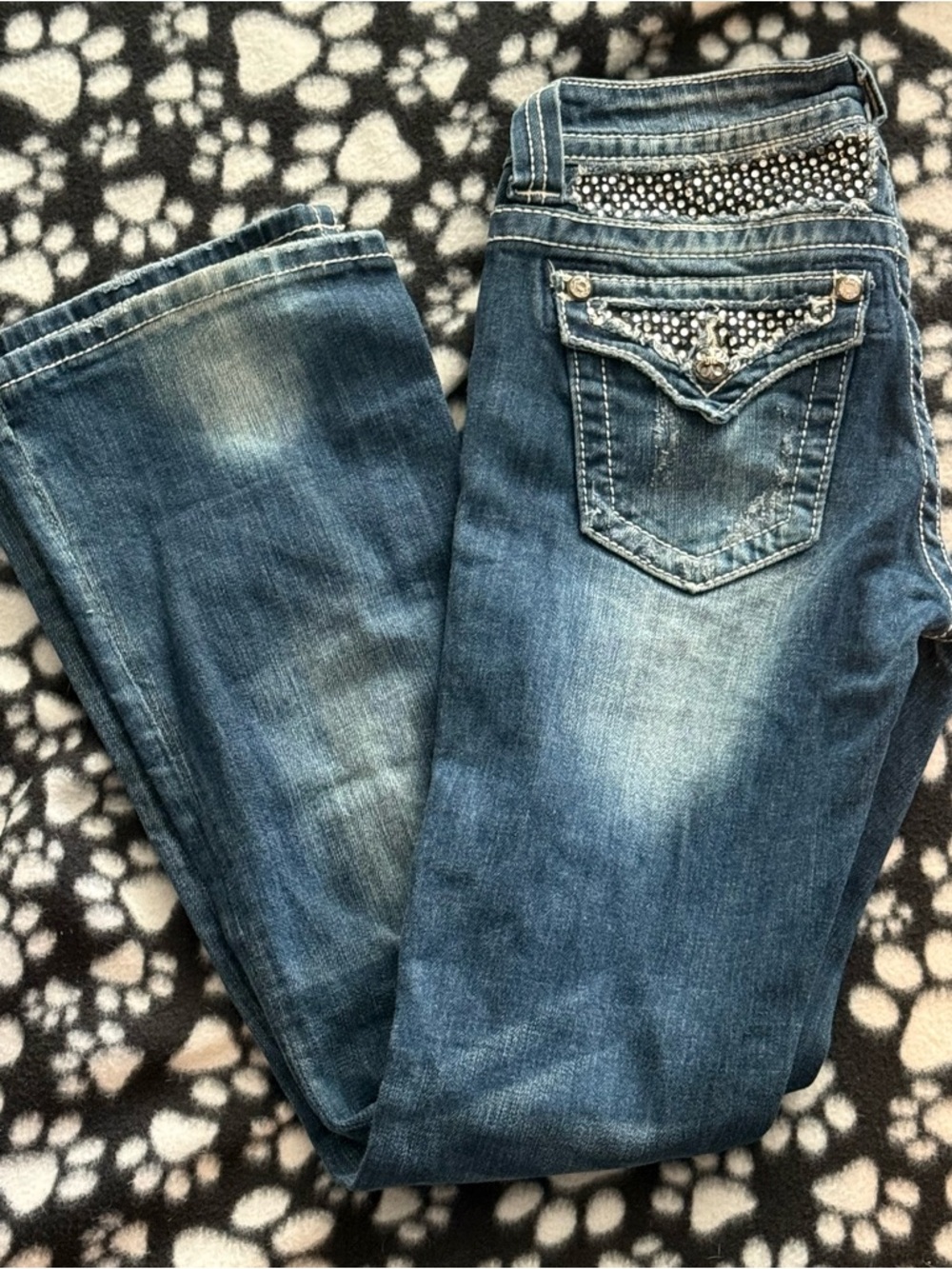 Miss Me Easy Boot Jeans Rhinestone Distressed Medium Wash Size 24 - Picture 4 of 5